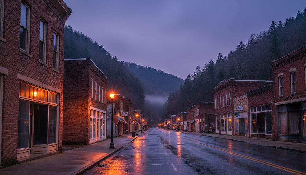 A small Appalachian coal-town at twilight with weathered Main Street storefronts and a few warm window-lights glowing under amber streetlights.