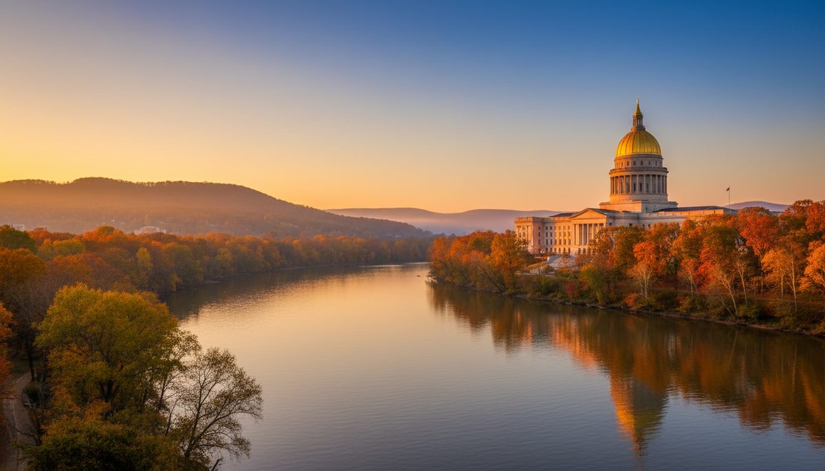 The Charleston, West Virginia state capitol's gold-and-bronze dome at sunset, viewed across the Kanawha River with autumn-color foothills behind.