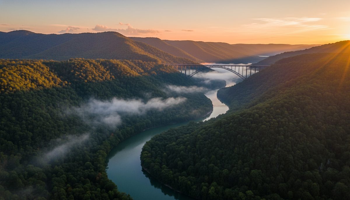 The New River Gorge at sunrise with mist rising over forested Allegheny ridges and a steel bridge silhouette spanning the gorge.
